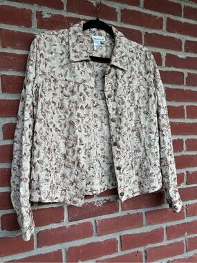 Coldwater Creek Beige and Brown Floral Button-Front Shirt Jacket